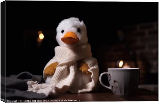 A white duck wearing a scarf and having a coffee created with ge Canvas Print by Michael Piepgras