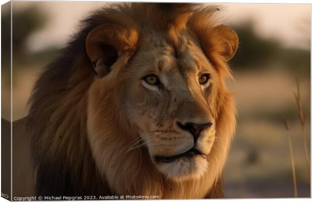 Portrait of a strong male lion with the African savanna in the b Canvas Print by Michael Piepgras