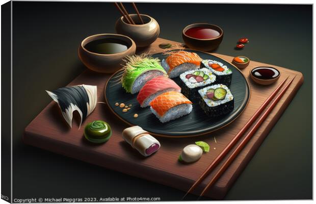 Very tasty sushi served on a dark wooden plate with chopsticks a Canvas Print by Michael Piepgras