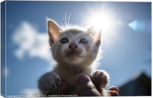 A human hand holds a small kitten in the air sunlight from the f Canvas Print by Michael Piepgras