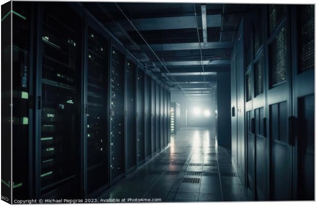 A large data centre with many computer racks in dark light with  Canvas Print by Michael Piepgras