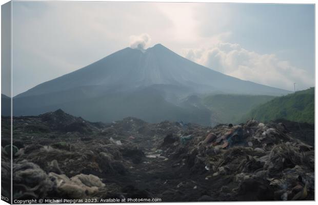 A large volcano and a huge amount of plastic waste on the landsc Canvas Print by Michael Piepgras