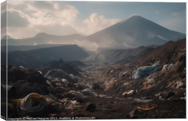 A large volcano and a huge amount of plastic waste on the landsc Canvas Print by Michael Piepgras