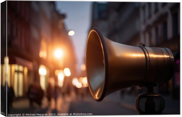 A megaphone mde of gold in the background a street in a big city Canvas Print by Michael Piepgras