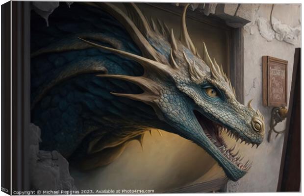 A painting of a dragon climbing halfway out of the painting crea Canvas Print by Michael Piepgras