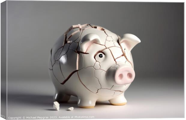 A sad piggy bank with cracks and a plaster indicates insolvency  Canvas Print by Michael Piepgras