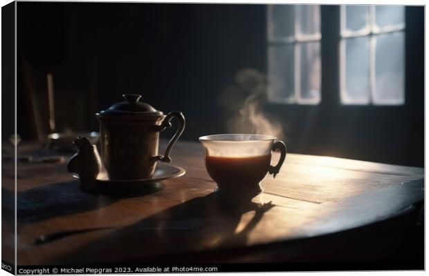 A steaming cup of tea on a table in a cosy old room created with Canvas Print by Michael Piepgras