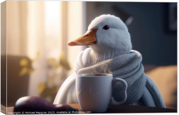 A white duck wearing a scarf and having a coffee created with generative AI technology Canvas Print by Michael Piepgras