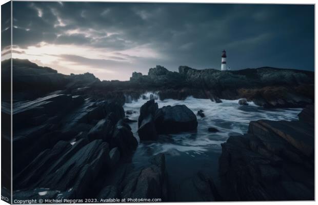Long exposure of a rocky coast with a lighthouse on it created w Canvas Print by Michael Piepgras