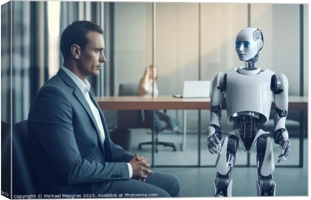 Man and AI robot waiting for the same job interview created with Canvas Print by Michael Piepgras