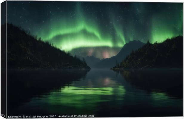 Auroras in green colour and stars over a lake with reflections o Canvas Print by Michael Piepgras
