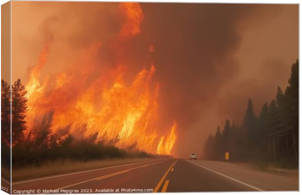 A devastating forest fire as seen from the road created with gen Canvas Print by Michael Piepgras