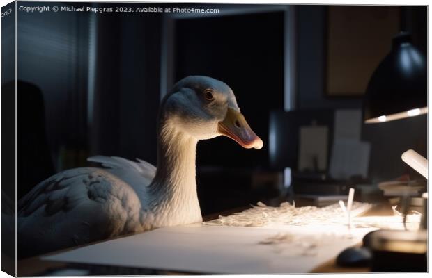 A goose with white feathers works hard at a desk in the office c Canvas Print by Michael Piepgras