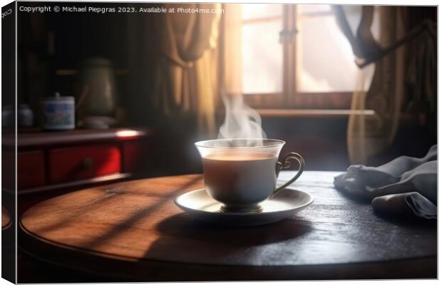 A steaming cup of tea on a table in a cosy old room created with Canvas Print by Michael Piepgras