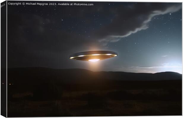 A UFO with a spotlight pointed at the bottom of the landscape -  Canvas Print by Michael Piepgras