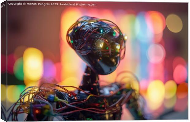 An AI robot almost completely wrapped in brightly coloured fibre Canvas Print by Michael Piepgras