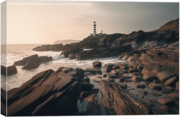 Long exposure of a rocky coast with a lighthouse on it created w Canvas Print by Michael Piepgras