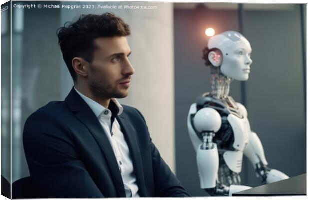 Man and AI robot waiting for the same job interview created with Canvas Print by Michael Piepgras