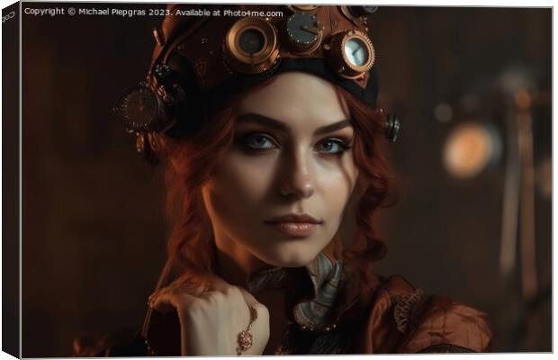 A beautiful portrait of a young woman in a steampunk outfit crea Canvas Print by Michael Piepgras