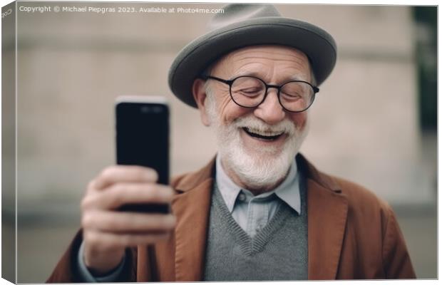 A happy retired old man holding a smartphone in his hands create Canvas Print by Michael Piepgras