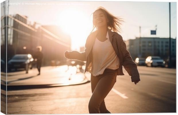 A happy woman runs around dancing in a modern city created with  Canvas Print by Michael Piepgras