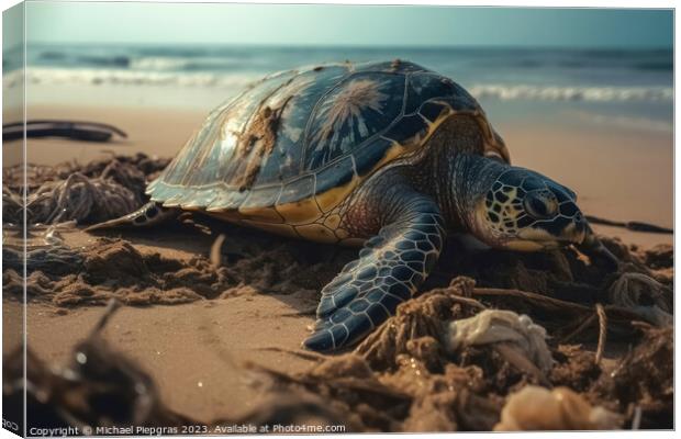 A large turtle drags itself onto a beach created with generative Canvas Print by Michael Piepgras
