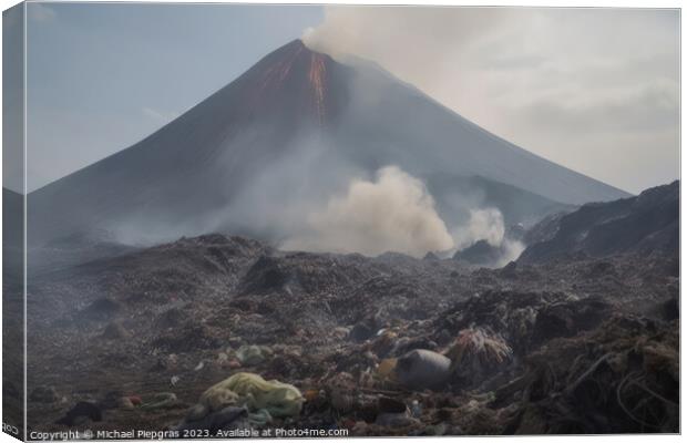 A large volcano and a huge amount of plastic waste on the landsc Canvas Print by Michael Piepgras