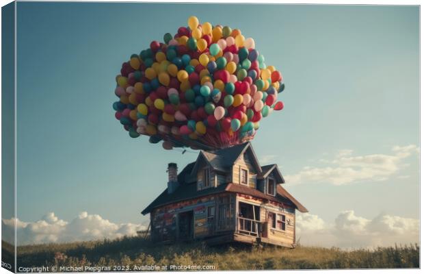A small vintage house floats through the sky on many colourful b Canvas Print by Michael Piepgras