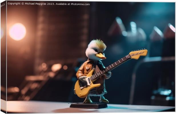 A duck plays rock music on an electric guitar with its wing on a Canvas Print by Michael Piepgras