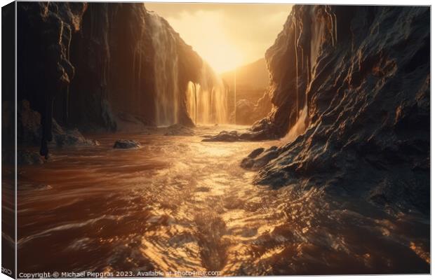 A waterfall of liquid metal in an apocalyptic landscape created  Canvas Print by Michael Piepgras