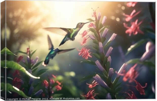 Several hummingbirds buzzing around flowers in a jungle created  Canvas Print by Michael Piepgras