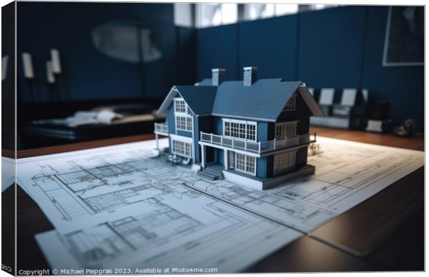 A blueprint of a residential house on a desk with a model of the Canvas Print by Michael Piepgras