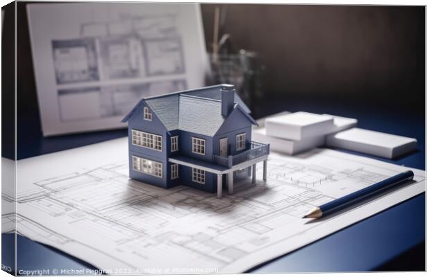 A blueprint of a residential house on a desk with a model of the Canvas Print by Michael Piepgras