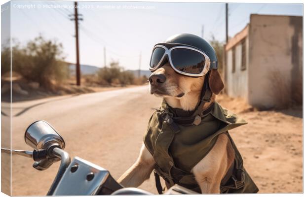 A dog riding a motorbike created with generative AI technology. Canvas Print by Michael Piepgras