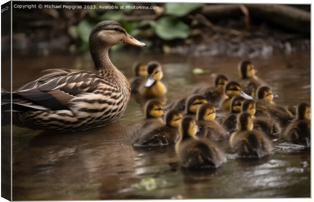 A duck mother with a lot of ducklings created with generative AI Canvas Print by Michael Piepgras