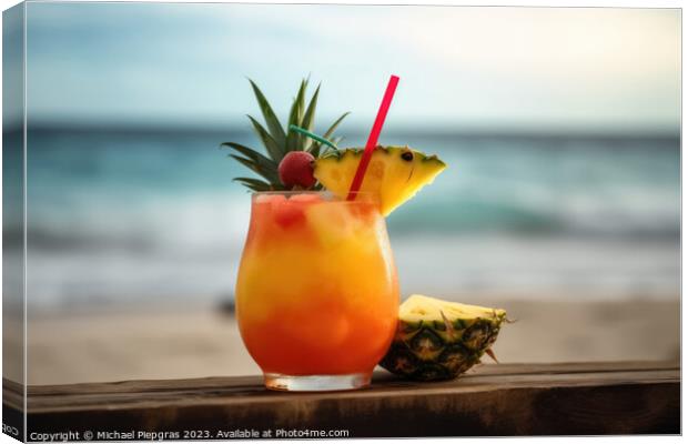 A fruity cocktail with a beautiful paradise beach soft backgroun Canvas Print by Michael Piepgras