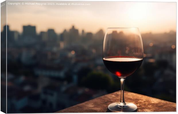 A glass of red wine with a sunny city soft focus background crea Canvas Print by Michael Piepgras