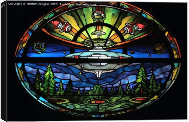 A stained glass scene of a UFO landing created with generative A Canvas Print by Michael Piepgras