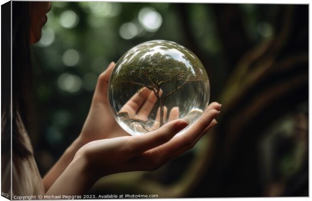 A tree inside of a glass sphere held by a female hand created wi Canvas Print by Michael Piepgras