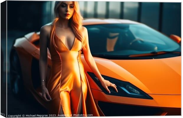 A sexy woman in an elegant dress standing next to a sports car c Canvas Print by Michael Piepgras