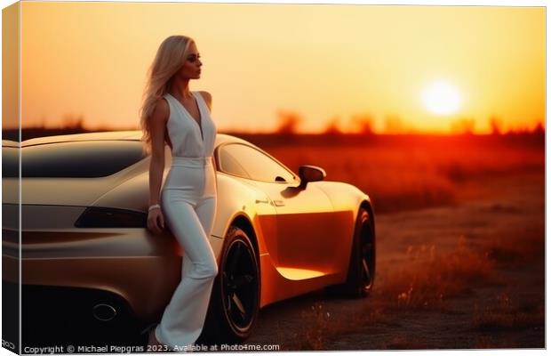 A sexy woman in an elegant dress standing next to a sports car c Canvas Print by Michael Piepgras