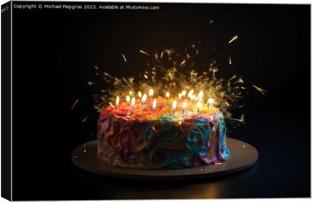 A birthday cake with lots of lights created with generative AI t Canvas Print by Michael Piepgras