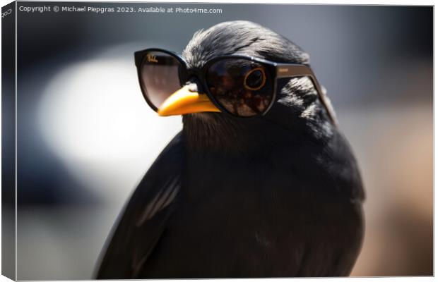 A blackbird wearing sunglasses created with generative AI techno Canvas Print by Michael Piepgras
