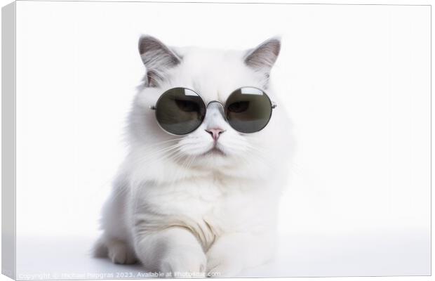 A cool white cat wearing black sunglasses on a white background  Canvas Print by Michael Piepgras