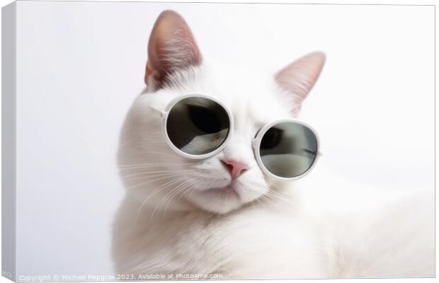 A cool white cat wearing black sunglasses on a white background  Canvas Print by Michael Piepgras