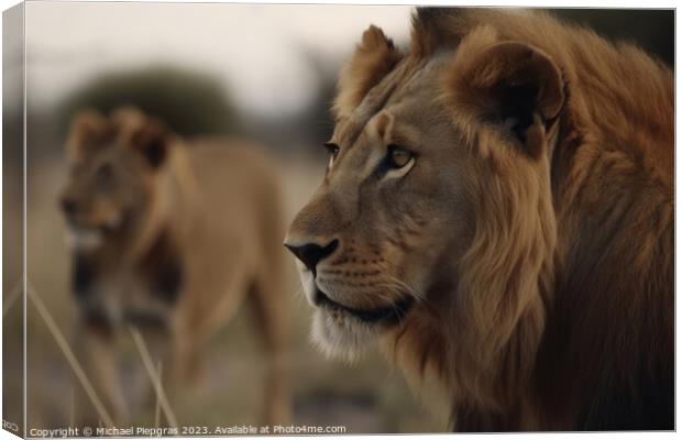 A male lion and a female lion in the background created with gen Canvas Print by Michael Piepgras