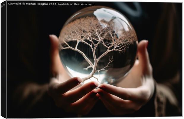 A tree inside of a glass sphere held by a female hand created wi Canvas Print by Michael Piepgras