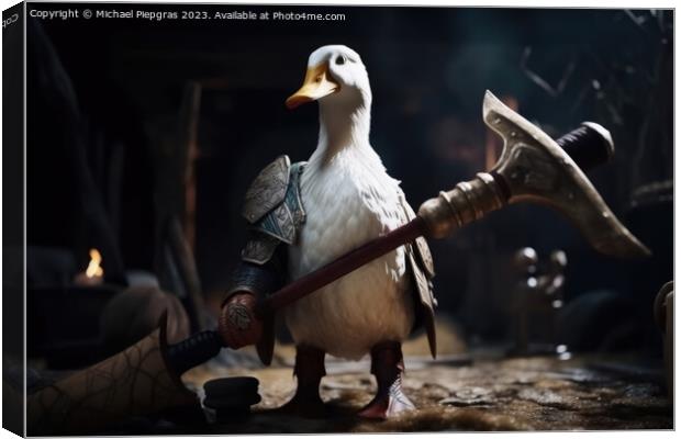 A white duck as a barbarian with a big axe and shining armour cr Canvas Print by Michael Piepgras