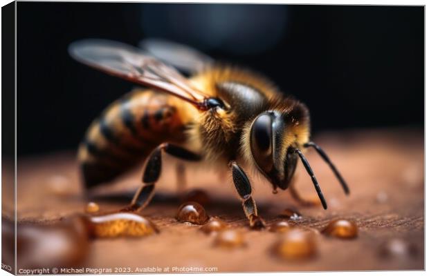 Close up of a bee on honey created with generative AI technology Canvas Print by Michael Piepgras