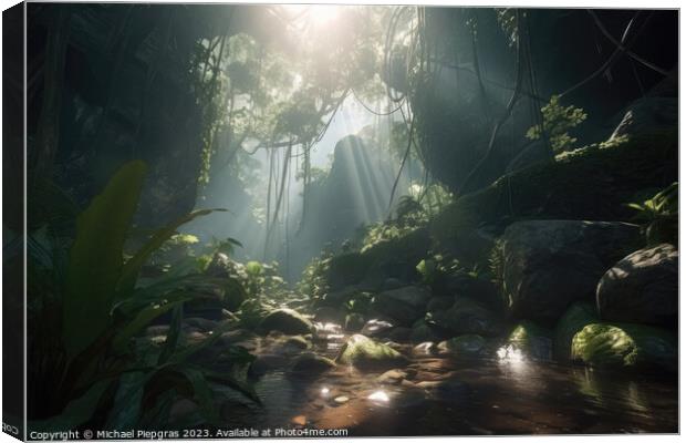 Jungle with light rays coming from above created with generative Canvas Print by Michael Piepgras